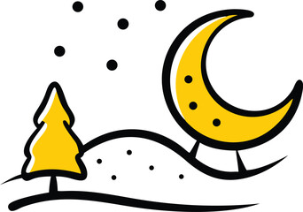 Snow-covered trees are silhouetted against a glowing yellow moon in a peaceful night setting.