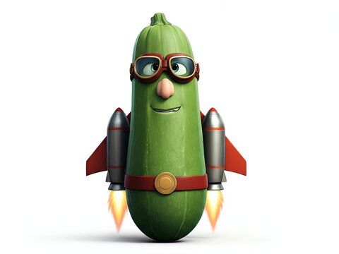 An anthropomorphic zucchini with goggles and rocket boosters. - Powered by Adobe