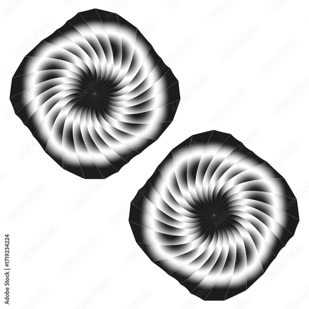 Poster abstract spiral patterns. twisted line shapes. swirl motion vector. optical illusion illustration.