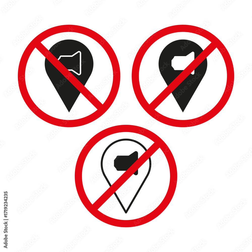 Poster Vector forbidden pin. No location sign. Map pointer icon. Stop destination symbol.