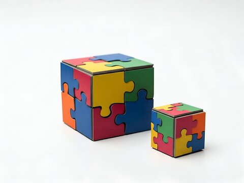 Two colorful jigsaw puzzle cubes of different sizes, a large and a small one, isolated on a plain white background.
