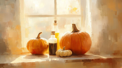 Pumpkins and cooking ingredients on windowsill in autumn light  
