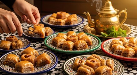 Moroccan tea and baklava pastries on table.
