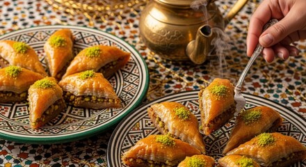 Close-up shot of two plates of delicious baklava pastries, garnished with pistachios, with a teapot in the background.