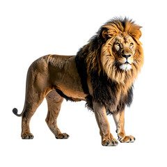 Obraz premium A majestic male lion, powerfully built with a thick, dark mane, stands alert against a black background, showcasing its tawny fur and muscular physique