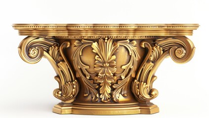 Ornate gold-toned console table or decorative piece, exhibiting intricate carvings and classical design elements