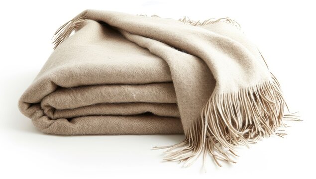 A beige, folded throw blanket with fringe rests on a white background.  The soft, textured fabric is neatly arranged in layers, showcasing its plush material