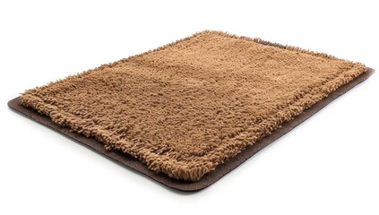A brown, rectangular bath mat with a textured, fluffy surface and a dark brown non-slip backing is shown angled on a white background