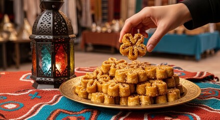 Hand picking a flower-shaped sweet treat from a stack on a gold plate, with an ornate lantern in the background.