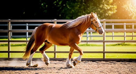 Obraz premium Beautiful horse trotting gracefully in sunlit paddock