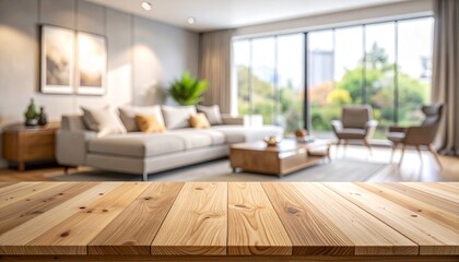 Empty wooden table on a blurred view of a modern living room with a soft sofa and wooden bench.