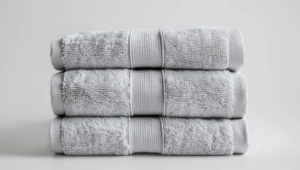A neat stack of three light-grey, fluffy bath towels on a plain white background, showcasing their soft texture and absorbency