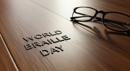 Tactile Braille dots forming “World Braille Day” on a wooden desk with reading glasses. Stock-style mood