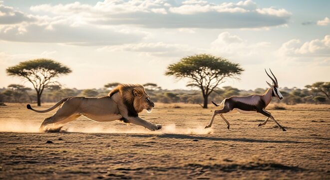 Majestic lion chasing an antelope across the savannah under a vibrant sky with distant trees