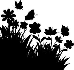 Flowers and Butterflies Silhouette Corner