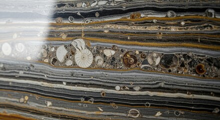 Fossilized Stone Texture: Ammonites and Layers Close-up View.