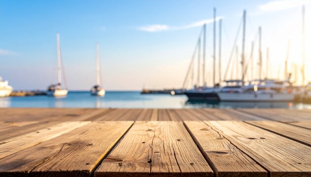 Empty wooden table top with blurred Marina and Sailboats in Ocean, Sea. Wooden tabletop oversea