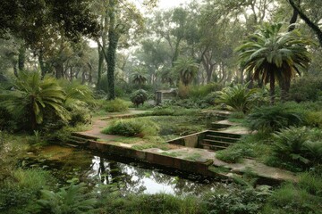 Lush garden with ponds and pathways