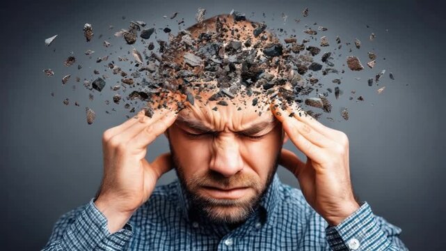 A man with his head in his hands, experiencing mental distress.  Dark fragments appear to explode from his head