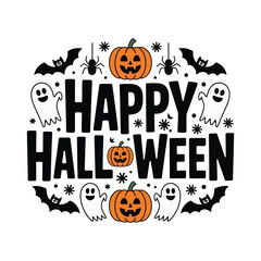 Happy Halloween Typography Design with Pumpkins, Ghosts, Bats and Spiders Illustration