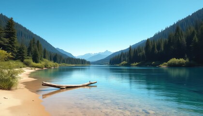 Tranquil Lakeside View with Fallen Log on Shoreline and Verdant Forest-Covered Mountains Beneath Clear Blue Sky