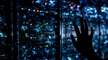 Silhouette of a hand reaching toward illuminated server racks in a data center