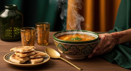 Bowl of steaming soup with bread and tea glasses on a wooden table.