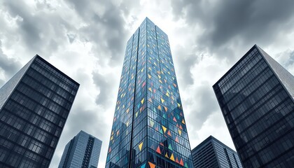 Modern towers converge under a dramatic sky, contrasting architectural glass and geometrical patterns against a moody atmospheric backdrop