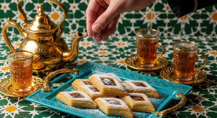 Moroccan tea and pastries, powdered sugar, gold teapot, teal tray.