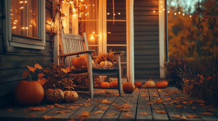 Cozy autumn porch decorated with pumpkins and lights in evening glow  
