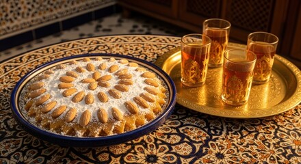 A beautifully decorated almond cake dusted with powdered sugar and arranged with almonds, served alongside four glasses of tea on a golden tray.