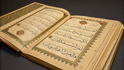Fototapeta premium Antique manuscript featuring intricate calligraphy and decorative borders from the 19th century Middle East