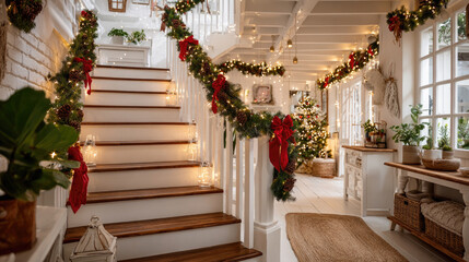 Christmas white staircase in bright home interior with garlands, red bows, pinecones, fairy lights, festive cozy atmosphere, daylight. , copy space,