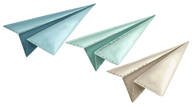 Three paper airplanes in pastel blue, mint, and dove gray, folded uniquely, transparent background.