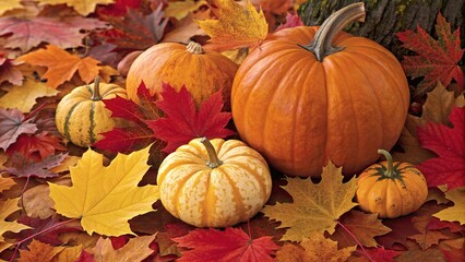 Vibrant autumn pumpkins surrounded by colorful leaves in a seasonal display