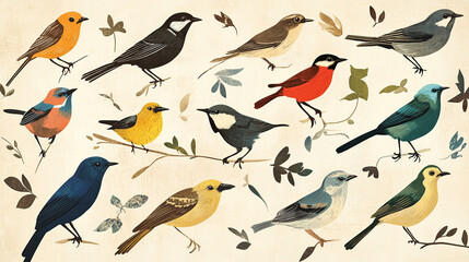 Fototapeta premium Various birds illustrated in natural history style on vintage background 