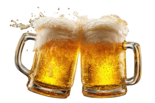 Golden lager steins with thick foam collars and bright micro-bubbles, angled clink with festive highlights, transparent background.