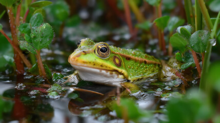 Fototapeta premium Close Up of a Green Frog with Yellow Eyes Amidst Greenery in Murky Water