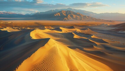 Golden desert dunes stretch towards a sunlit mountain range under a partly cloudy sky, creating a vast and dramatic landscape