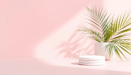 Fototapeta premium Minimalistic composition featuring a small platform, a potted plant, and soft shadows against a subtle rosy background
