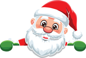 Cute cartoon Santa Claus face with red hat, big white beard, green gloves, Christmas character illustration isolated festive holiday design.