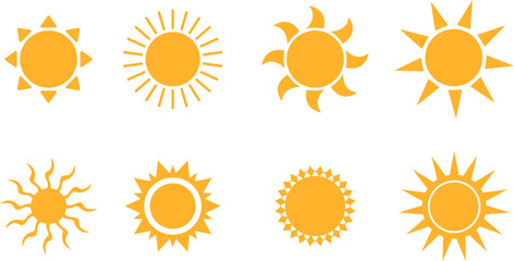 Collection of stylized yellow sun icons with varying ray designs