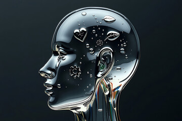 Glass human head profile with water drops and internal gears