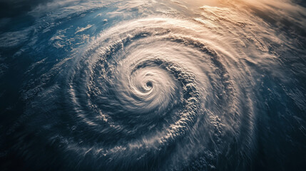 Aerial view of a massive hurricane swirling over the ocean  
