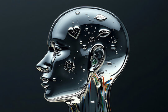 Glass human head profile with water drops and internal gears
