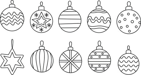 Black and white Christmas ornaments, festive holiday decorations, printable coloring page, winter craft design, DIY art, seasonal decor inspiration