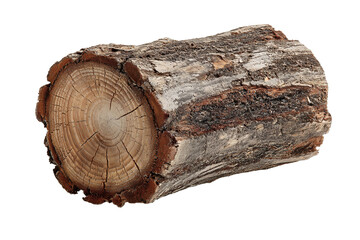Freshly cut log section, natural wood rings exposed, bark removed in areas with cracks showing on the end, transparent background.
