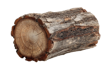 Freshly cut log section, natural wood rings exposed, bark removed in areas with cracks showing on the end, transparent background.
