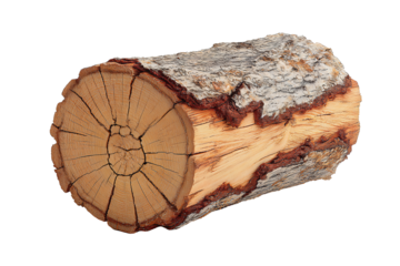 Small ornamental log with visible growth rings, bark partly stripped and fine end-grain cracks detailed, diagonal placement, transparent background.
