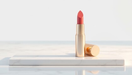 Cosmetic elegance A single, gleaming lipstick tube standing upright with its matching cap beside it on a smooth marble surface